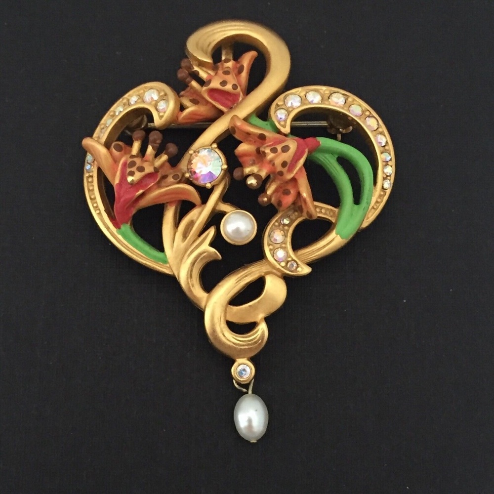 Joan Rivers Brooch Pin Flowers Matte Gold Crystals Tiger Lily Pearls Signed Vtge